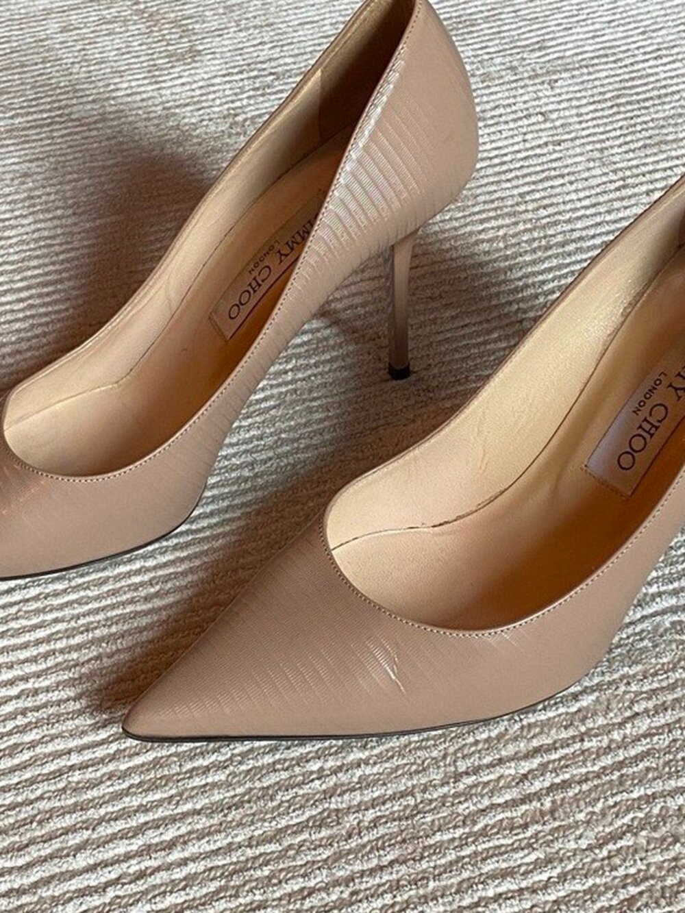 Jimmy Choo Love 85 Textured Leather Nude Tan Pumps Closed Toe Heels